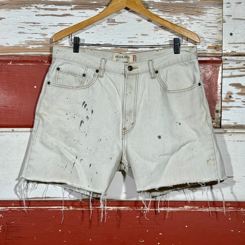 Y2K Levis 505 Denim Cut Off Shorts Regular Fit Casual Distressed Paint‎ Splatter